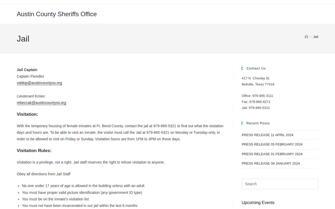 Austin County jail booking-record contact page