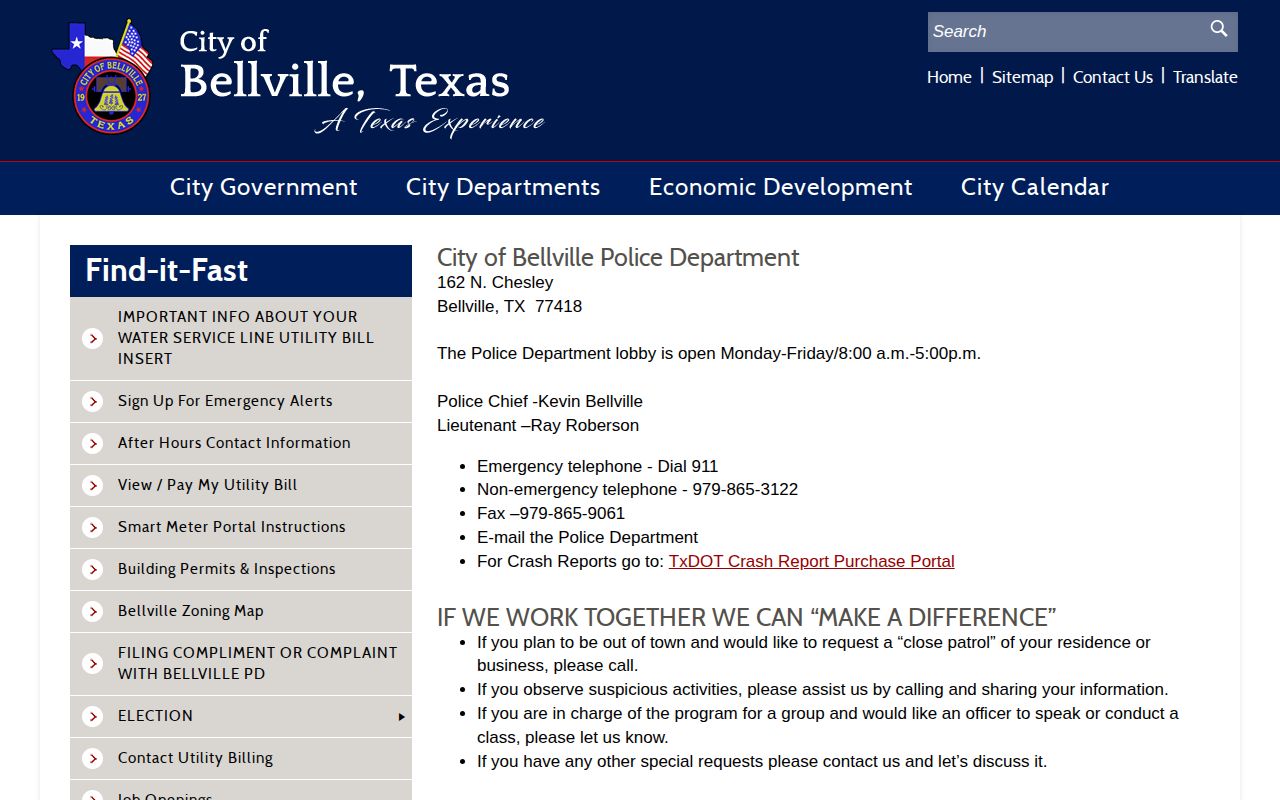 Austin County Bellville Police Department booking-record contact page